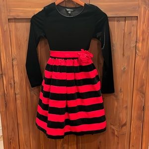 Red satin and black velvet striped dress. Sz 10